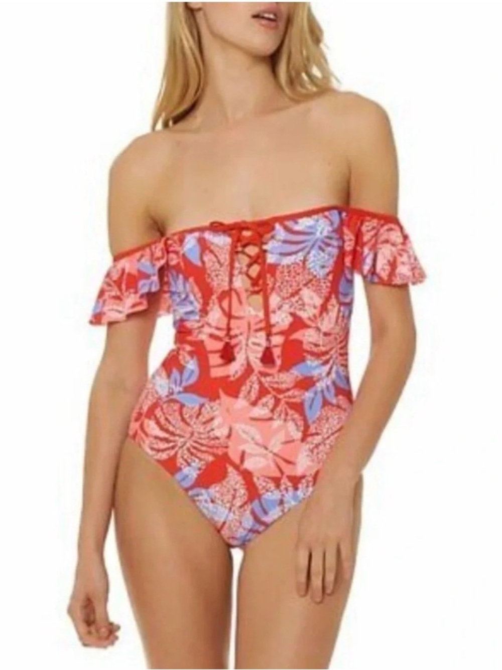 Red Carter Off-Shoulder Floral One-Piece in Red and Pink